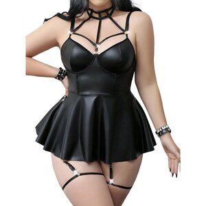 Women Plus Black Strappy Leather Underwire Choker Garter Belt Lingerie Set Dress